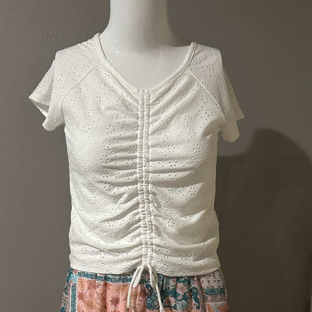 Knitworks Cream Ruched Eyelet Tee